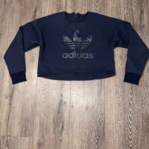 Adidas Pullover Womens Size M Medium Cropped Top Navy Blue Spellout Logo